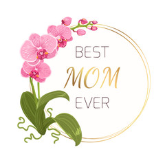 Mothers day greeting card template. Exotic pink purple orchid phalaenopsis flower plant. Decorated round circle border frame wreath. Shiny golden gradient text placeholder. Vector design illustration.
