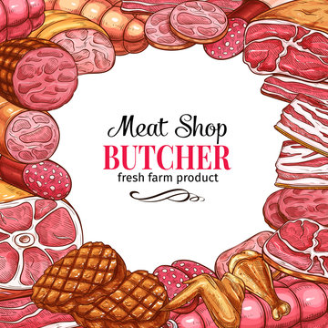 Butcher shop poster with frame of meat and sausage