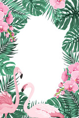 Tropical jungle rainforest green palm tree monstera leaves, orchid phalaenopsis flowers exotic pink flamingo birds. Border frame decoration template for invitation greeting card banner poster. © imaginarybo