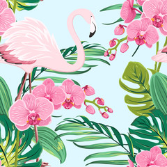Bright orchid phalaenopsis flowers, exotic pink flamingo bird, tropical rainforest jungle tree palm mostera green leaves. Seamless pattern on light blue background. Vector design illustration.