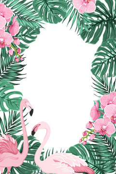 Tropical jungle rainforest green palm tree monstera leaves, orchid phalaenopsis flowers exotic pink flamingo birds. Border frame decoration template for invitation greeting card banner poster.