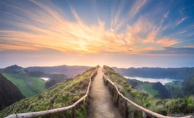 Foto auf Acrylglas Sonnenuntergang Berglandschaft Insel Ponta Delgada, Azoren