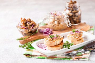 Bruschetta with mushroom caviar. Mushrooms. Selective focus. Copy space for text