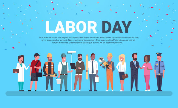 Labor Day Poster With People Of Different Occupations Over Background With Copy Space Flat Vector Illustration