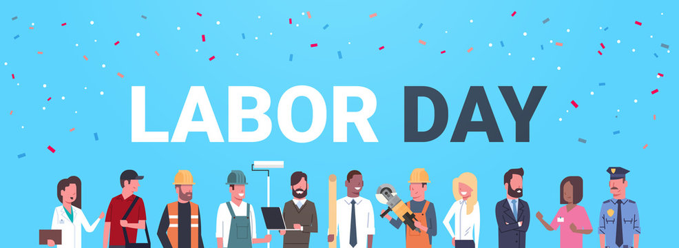 Labor Day Poster With People Of Different Occupations Over Blue Background Flat Vector Illustration