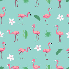 Obraz premium Flamingo pattern - trendy seamless pattern in flat style with flamingos, tropical flowers, leaves and cactus. Vector illustration design template