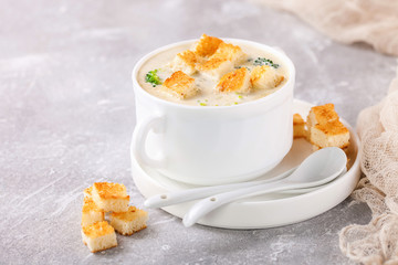 Broccoli cheese cream soup. Selective focus. Copy space