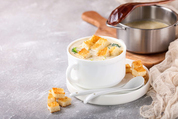 Broccoli cheese cream soup. Selective focus. Copy space