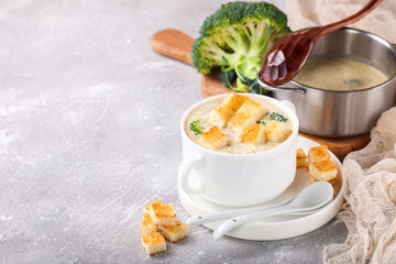 Broccoli cheese cream soup. Selective focus. Copy space