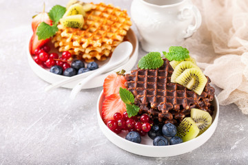 Wafers with berries. Selective focus. Copy space