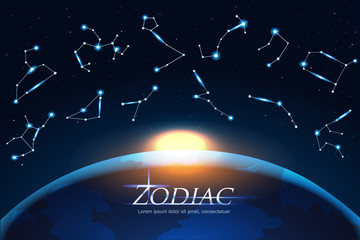 Zodiac Design concept astrology sings around the world. Horoscope set: Leo, Virgo, Scorpio, Libra, Aquarius, Sagitarius, Pisces, Capricorn, Taurus, Aries, Gemini, Cancer. EPS Vector illustration.