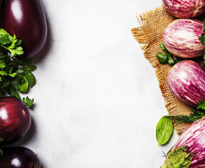 Fresh eggplant and parsley, top view