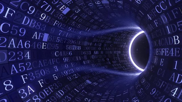 Blue tunnel made of hexadecimal symbols. IT related loopable animation