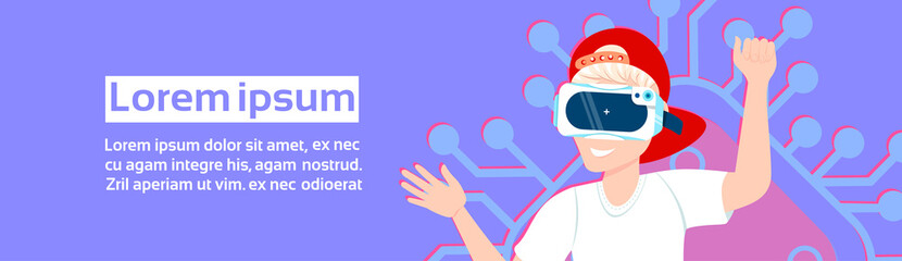 Man In Vr Glasses Over Template Background Modern Virtual Reality Technology Concept Horizontal Banner Flat Vector Illustration