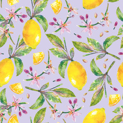 Lemons  with green leaves, lemon slices, lemon seeds and flowers. Seamless pattern branch lemon tree on color background. Illustration hand drawn watercolor.

