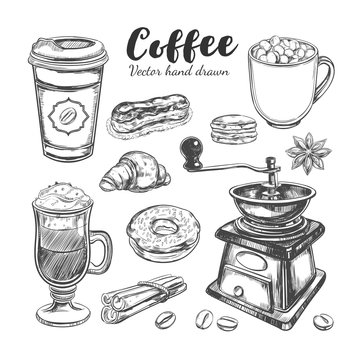 Coffee and Coffee to go set. Vector hand drawn illustrations. Bakery elements. Sketch style. Isolated objects