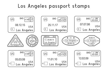 Passport stamps. Los Angeles, USA. Arrival and departure by car, train, plane. Set of black stamps