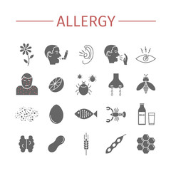 Allergy. Causes, symptoms. Flat icons set. Vector signs for web graphics.