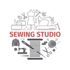 Sewing round banner, needlework line and flat icons. Vector signs for web graphics.