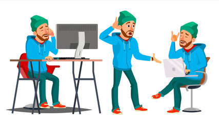 Business Man Character Vector. Working Man. Bearded. Environment Process Creative Studio. Male Worker. Full Length. Designer. Poses, Face Emotions, Gestures. Cartoon Business Illustration