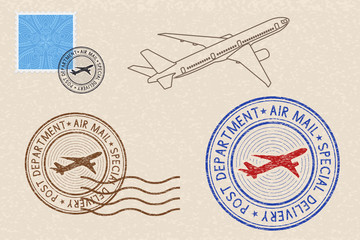 Postmarks and postal elements on beige background