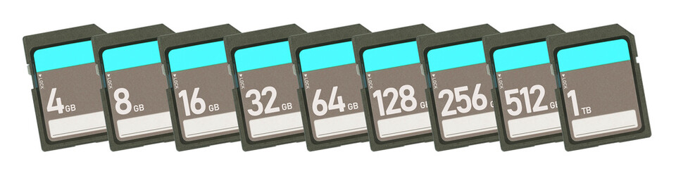 Memory cards isolated on white background - Range from 4gb to 1tb