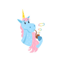 Cute funny unicorn character smoking pipe with rainbow smoke cartoon vector Illustration on a white background