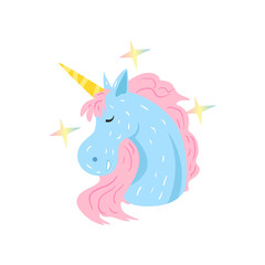 Cute magic unicorn character sleeping and dreaming cartoon vector Illustration on a white background