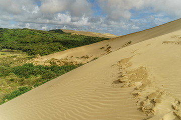 Fototapeta na wymiar sand dune with footprints under cloudy sky, Giant Sand Dunes, New Zealand
