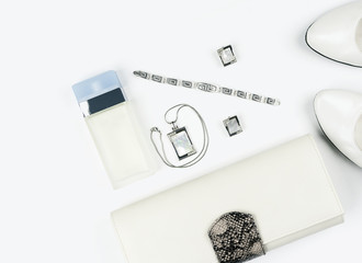 Women modern fashion accessories background Flat lay female luxury style look. Top view.