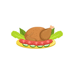 Roasted turkey on a plate with garnish of vegetables vector Illustration on a white background