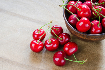 Fresh ripe organic cherries in plate.