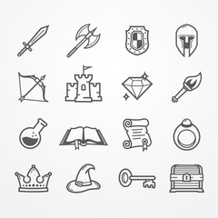 Set of fantasy role play PC game icons in line style. Sword battle axe shield warrior helmet bow castle diamond torch potion spell book scroll. Vector stock image.