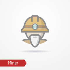 Typical simplistic miner face in professional helmet with light. Miner or digger head isolated icon in flat style with shadow. Profession vector stock image.