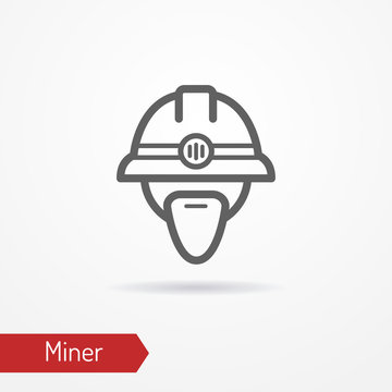 Typical simplistic miner face in professional helmet with headlight. Miner or digger head isolated icon in line style with shadow. Profession and industrial vector stock image.