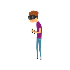 Young man cartoon character in virtual reality headset with aim remote controllers, gaming cyber technology, virtual reality concept vector Illustration on a white background