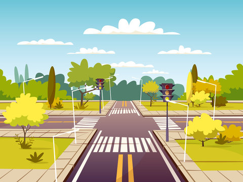 Street crossroad vector illustration of traffic lane and pedestrian crossing or crosswalk with marking. Cartoon flat design of urban road with traffic light for carsharing or car navigation technology
