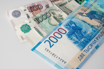 new Russian money banknotes 2000 rub and 1000 rubles, 500 rus. banknotes of Bank of Russia.