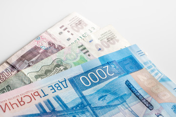 new Russian money banknotes 2000 rub and 1000 rubles, 500 rus. banknotes of Bank of Russia.