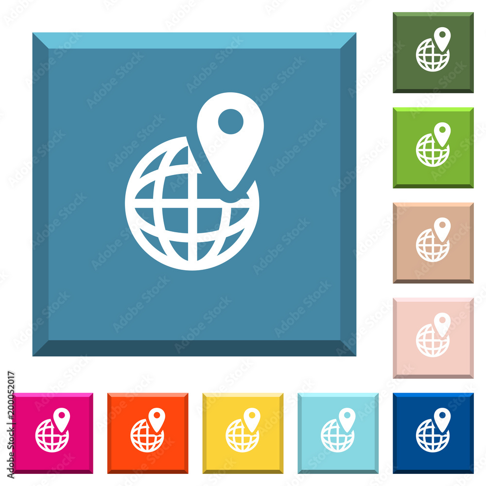 Poster gps location with globe symbol white icons on edged square buttons