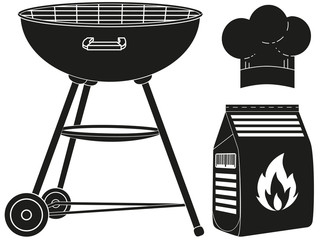 Black and white outdoors cooking silhouette set