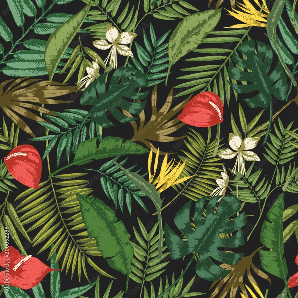 Poster botanical seamless pattern with foliage of exotic jungle plants on black background. backdrop with l