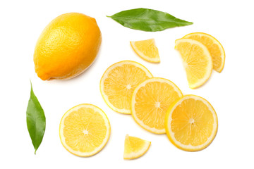 healthy food. sliced lemon with green leaf isolated on white background top view