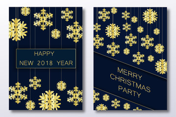 Christmas card with paper snow flake. Falling snowflakes on a black winter background. Happy new year gold party voucher set. Vector illustration. Merry Christmas, new year design. EPS 10.