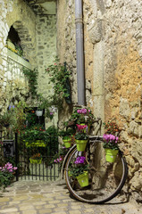Fototapeta na wymiar Narrow cobbled street with flowers in the old village Tourrettes-sur-Loup at night, France.