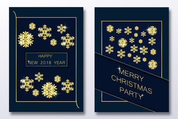 Obraz na płótnie Canvas Christmas card with paper snow flake. Falling snowflakes on a black winter background. Happy new year gold party voucher set. Vector illustration. Merry Christmas, new year design. EPS 10.