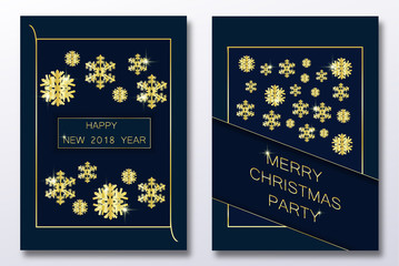 Christmas card with paper snow flake. Falling snowflakes on a black winter background. Happy new year gold party voucher set. Vector illustration. Merry Christmas, new year design. EPS 10.