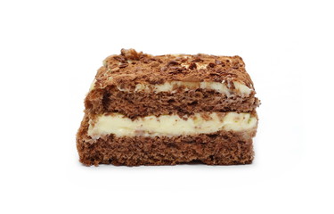 Chocolate and vanilla cake, pastry slice isolated on white background