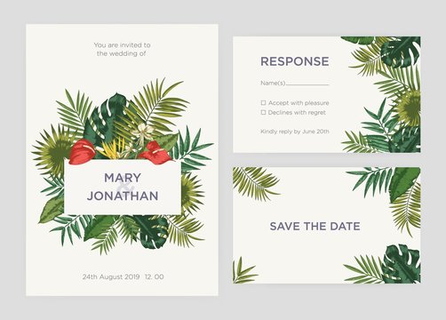 Collection of elegant templates for Save the Date card, wedding invitation response note decorated with hand drawn leaves of exotic plants or tropical jungle foliage. Natural vector illustration.