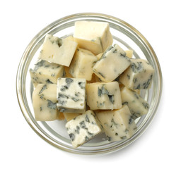 blue cheese in glass bowl isolated on a white background. top view